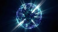 Futuristic glowing sphere with digital network connections and bright light rays on dark background for technology and sci-fi projects.