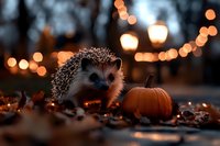 Adorable hedgehog with small pumpkin surrounded by autumn leaves and warm bokeh lights creating cozy fall atmosphere for seasonal decorations and greeting cards.