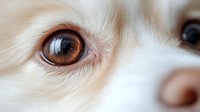 Close-up of dog eye with amber iris and white fur, showing detailed pupil and eyelid for pet, veterinary, and animal care design projects.