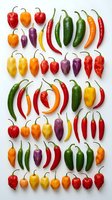 Colorful variety of fresh chili peppers arranged in rows on white background, showcasing red, green, yellow, orange and purple hot pepper types.