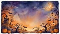 Halloween night scene with spooky pumpkins, bare trees, bats flying under crescent moon. Autumn horror landscape for seasonal decorations and party designs.