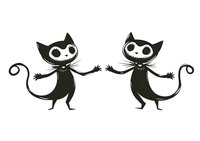 Two black silhouette cats with stitched smiling faces and curled tails, isolated on white background, ready for Halloween designs, t-shirts, and clipart applications.