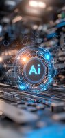Glowing AI symbol with futuristic circular interface on circuit board background, combining orange and blue neon lights with molecular structure overlay for tech concepts.