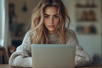 Young Caucasian woman with blonde wavy hair wearing cozy knit sweater working on laptop at home. Natural window lighting creates moody atmosphere.