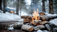 Crackling campfire surrounded by stones in snowy winter forest with logs burning brightly, creating warm atmosphere for outdoor adventure.