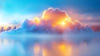 Dramatic sunset sky with glowing orange sun behind majestic clouds reflecting in calm water surface, city silhouettes visible through ethereal mist creating dreamy atmosphere.