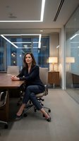 Professional businesswoman sitting at conference table in modern corporate office with glass walls and contemporary lighting for business meetings.