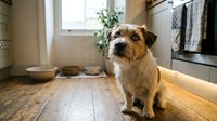 Tan and white terrier mix sitting on wooden floor in bright kitchen with food bowls and window light, suitable for pet care and home living content.