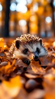 Adorable hedgehog peeking through autumn leaves in forest with golden bokeh background, creating seasonal wildlife scene.