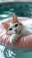 White and ginger cat relaxing on pink pool float in turquoise water, looking directly at camera with expressive eyes and soft fluffy fur.