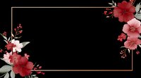 Elegant floral frame with red and pink blossoms on black background, featuring gold border and green leaves for wedding invitations or luxury designs.