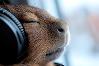 Close-up macro shot of brown dog nose and snout with black headphones, showing texture and moisture details against soft blurred background.