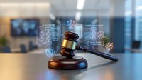 Wooden judge gavel with digital legal technology icons and compliance audit symbols in modern courtroom setting for law firm presentations.
