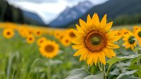 Vibrant sunflower field stretches toward majestic mountain peaks, bright yellow petals contrast against green meadow and blue sky backdrop in summer landscape.