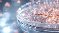 Sparkling rose gold wire branches with glowing particles in glass bowl against blue background, creating magical festive atmosphere. Decorative lighting concept.