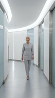 Senior woman healthcare professional walking through modern medical facility corridor with curved ceiling and LED lighting for clinical, hospital, and wellness concepts.