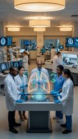 Diverse medical team examining holographic lung anatomy in modern hospital laboratory with advanced diagnostic technology and digital displays.