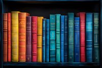 Colorful vintage hardcover books arranged on dark wooden shelf, featuring vibrant spines in red, yellow, turquoise and blue tones against black background.