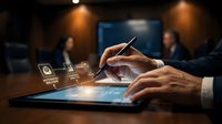 Professional businessman using digital tablet with AI technology icons in modern office environment for business innovation and automation solutions.