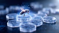 Honey bee resting on frozen hexagonal ice crystals in blue winter light with magical sparkles and bokeh effect, nature macro photography.