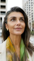 Mature woman with long dark hair and warm brown eyes wearing colorful scarf against urban backdrop. Suitable for lifestyle, business, and diversity concepts.