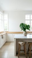 Bright modern kitchen with white cabinetry, marble countertop island, wooden bar stools, and green monstera plant in ceramic vase by windows for home design and interior inspiration.