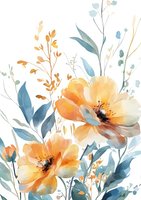 Delicate watercolor orange poppies with teal blue leaves and golden branches on white background, floral arrangement in soft transparent technique.