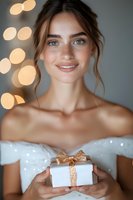 Young woman in white dress holding gift box with gold bow, gentle smile and freckles, bokeh lights background, romantic holiday portrait.