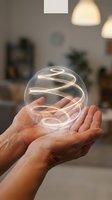 Hands holding glowing transparent sphere with golden light spiral inside, representing energy innovation and futuristic technology concepts in modern interior.