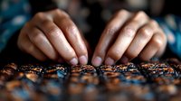 Close-up of hands sorting roasted coffee beans on textured surface, showcasing quality control in coffee production process.