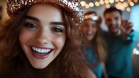 Young mixed race woman with crown smiling at party, friends having fun in background with festive bokeh lights creating celebratory atmosphere.
