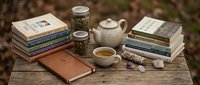Cozy outdoor reading setup with stacked books, ceramic teapot, cup and decorative jars on rustic wooden table for lifestyle and relaxation themes.