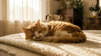Fluffy ginger tabby cat sleeping peacefully on a soft white bed in a warm sunlit cozy bedroom interior.