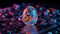 Glowing neon egg with circuit board patterns sits on digital motherboard with colorful bokeh lights, representing technology, innovation, and digital transformation for tech concepts.
