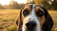 Beagle dog with brown and white markings looking at camera in sunny outdoor field setting, ideal for pet and animal content.