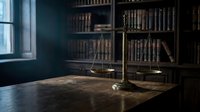 Vintage brass scales of justice on wooden desk in dark law office library with books and window light creating atmospheric legal workspace.