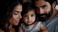 Young Hispanic family portrait with mother, father and toddler daughter in intimate close-up showing emotional connection and tender parenting moment in natural lighting.