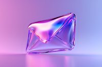 Glowing glass envelope with holographic gradient effect floating on pink and blue background, modern minimal design concept for digital communication.