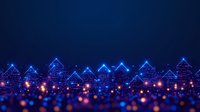 Glowing blue digital houses with orange light particles creating futuristic cityscape against dark background, modern technology concept for smart city solutions.