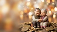 Elderly couple figurines embracing with warm golden bokeh lights creating romantic atmosphere for anniversary celebrations and love concepts.