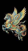 Ornate winged horse with golden wings and colorful armor, isolated on transparent background, ready for stickers, t-shirt design, and print on demand.