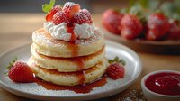 Stack of fluffy pancakes topped with fresh strawberries, whipped cream and sweet syrup on ceramic plate, selective focus with blurred background for food blogs.