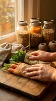 Person preparing fresh carrots and greens on wooden board with stored grains in glass jars by window for healthy cooking and meal planning.