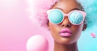 Young African American woman wearing mirrored sunglasses and bright pink lipstick against pink and turquoise background with floating particles creating dreamy atmosphere.