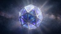 Futuristic geometric crystal sphere floating in cosmic space with glowing edges and starry galaxy background for sci-fi designs.