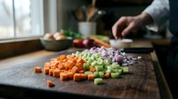 Fresh diced vegetables on wooden cutting board with chef preparing healthy meal in bright kitchen. Colorful carrots, celery and onions for cooking.