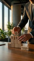 Professional businessman building ESG wooden blocks representing environmental social governance principles for sustainable business future in modern office.