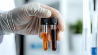 Laboratory technician in protective gloves holding two test tubes with orange and dark red liquid samples against blurred medical research background.