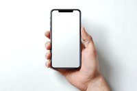 Hand holding modern smartphone with blank white screen mockup for app presentation and mobile interface design.