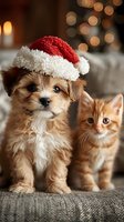 Adorable puppy wearing Santa hat sitting next to orange kitten with warm Christmas lights bokeh background creating festive holiday atmosphere.